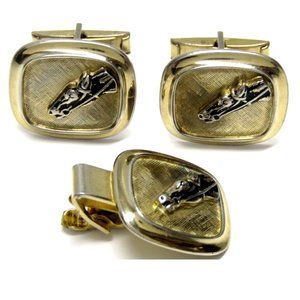 Cufflinks Tie Clip Set Horse Head Brushed Gold Vintage Men Formal Jewelry